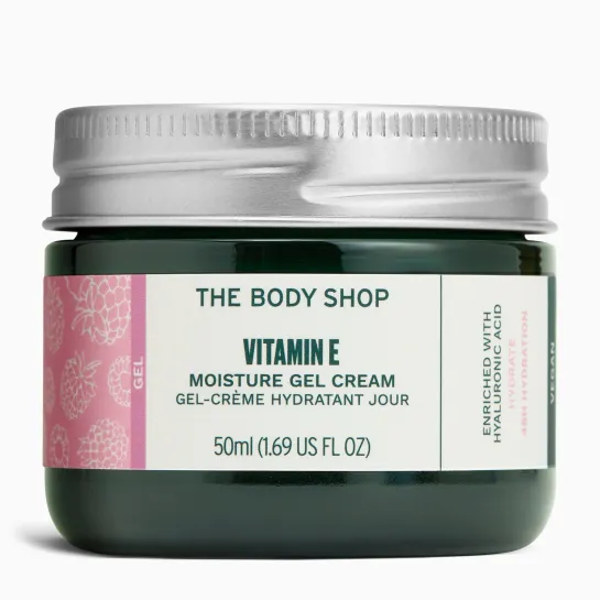 Close-up of The Body Shop Vitamin E Moisture Gel Cream 50ml showcasing its label with hydrating features.