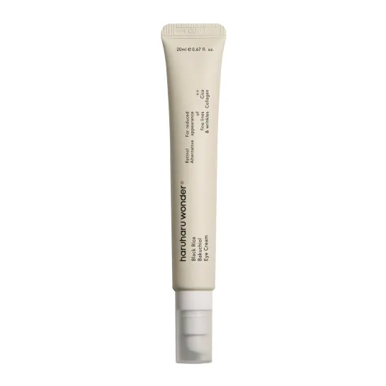 A tube of BLACK RICE bakuchiol eye cream for reduced appearance of fine lines and wrinkles for sensitive skin care.