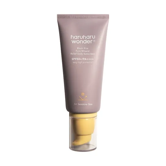 Tube of haruharu wonder BLACK RICE pure mineral relief daily sunscreen with SPF50+ PA++++ protection, 50ml size for sensitive skin.
