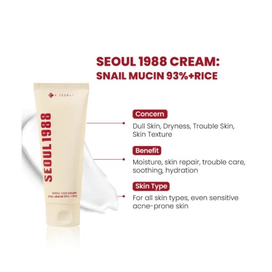 کرم موسین حلزون % و برنج کی سکرت تسکین دهنده و مرطوب کننده قوی پوست -SECRET SEOUL 1988 Cream Snail Mucin % +