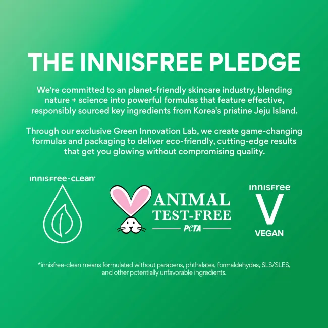 innisfree pledge: innisfree-clean, animal test-free, innisfree vegan