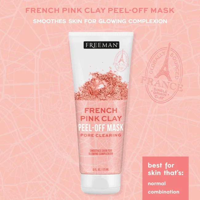 Freeman French Pink Clay peel-off mask tube, front label and pore-clearing text