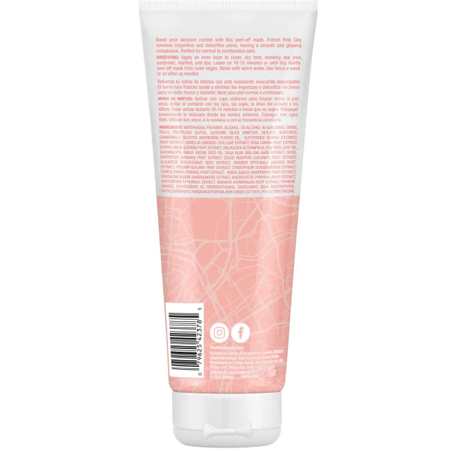 Freeman French Pink Clay peel-off mask tube, back panel with barcode and icons
