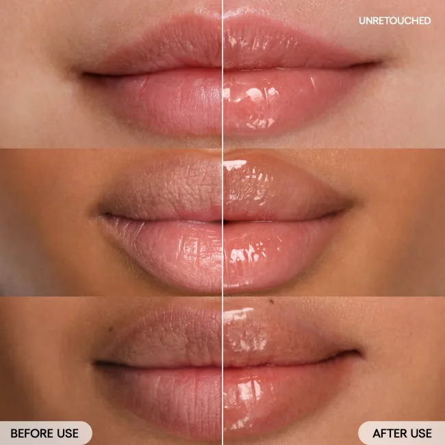 before & after Lip Glowy Balm Peach Iced Tea on model