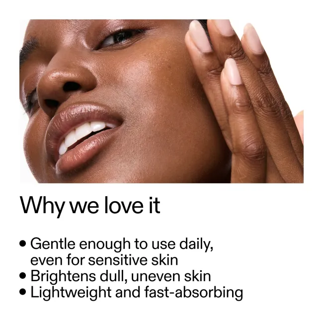 Woman applying 15% Vitamin C + EGF Serum with text highlighting benefits on a white background