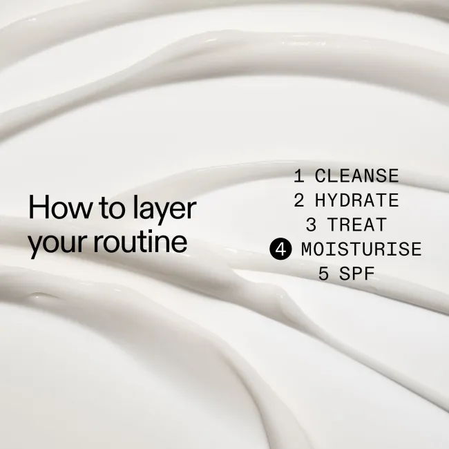 Close-up of Vitamin B, C and E Moisturizer with text on how to layer a skincare routine.