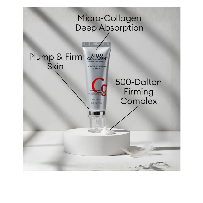MISSHA Atelo Collagen 500 Power Plumping Cream tube with 500-Dalton Firming Complex for micro-collagen deep absorption to help plump and firm skin.