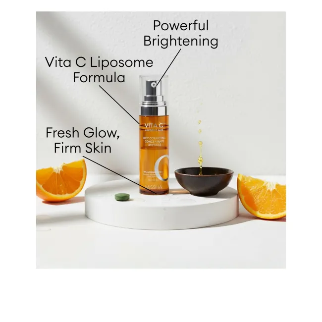 MISSHA Vita C Plus Spot Correcting Concentrate Ampoule with Vita C Liposome formula for powerful brightening and fresh glow.