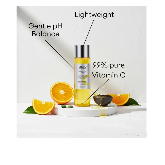 MISSHA Vita C Plus Brightening Toner bottle containing Vitamin C with a gentle pH balance and lightweight formula for radiant skin.