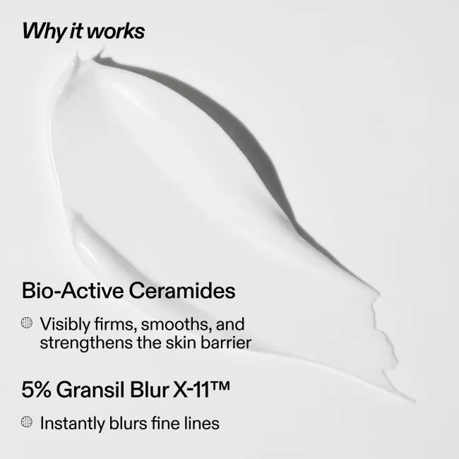 Product packaging with text about Bio-Active Ceramides and 5% Gransil Blur X-11 technology.
