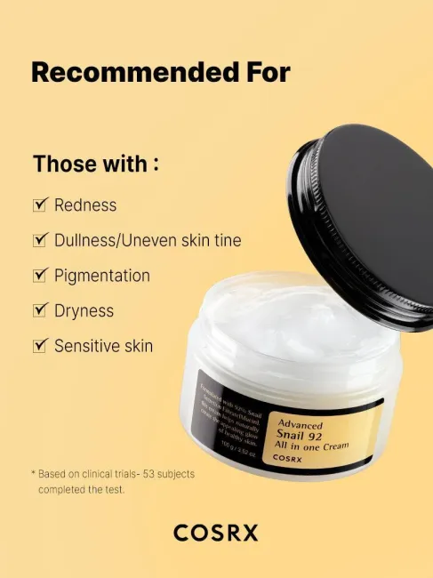 COSRX Advanced Snail 92 All In One Cream shown with list of concerns, redness, dullness, pigmentation, dryness, and sensitivity; clinically tested on 53 subjects, designed to soothe irritation, hydrate deeply, and restore glow to tired, sensitive ski