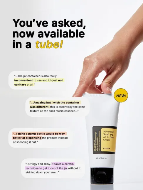 COSRX Advanced Snail 92 All In One Cream shown in new tube packaging, created in response to customer feedback for more hygienic, travel-friendly use; same 92% snail mucin formula delivering deep hydration and smooth, luminous skin texture.