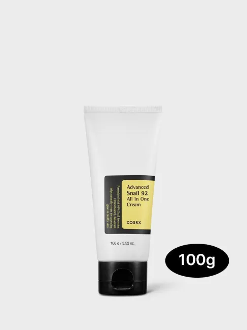 COSRX Advanced Snail 92 All In One Cream 100g full-size tube; high-performance Korean moisturizer with 92% snail mucin to deeply hydrate, soothe sensitive skin, and support anti-aging elasticity for smooth, radiant results.