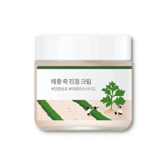 Korean skincare cream with centella asiatica, featuring calming green leaf design and farm illustration for soothing skin care.