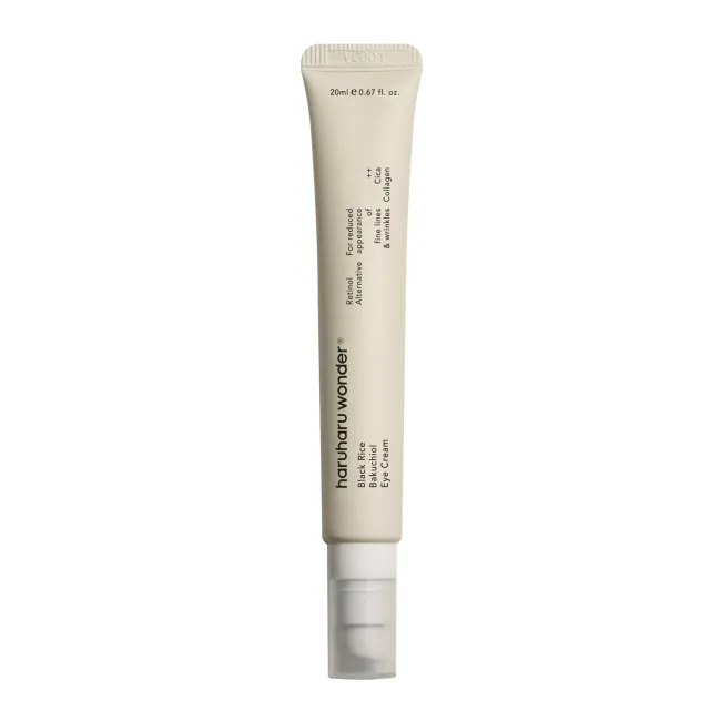 A tube of BLACK RICE bakuchiol eye cream for reduced appearance of fine lines and wrinkles for sensitive skin care.