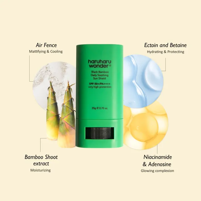 A green haruharu wonder black bamboo daily soothing sun shield sun stick SPF 50+ PA++++ with very high protection and 20g weight with  ingredient such as air fence, bamboo shoot, Ectoin and Betaine and Niacinamide highlighted on a green background.