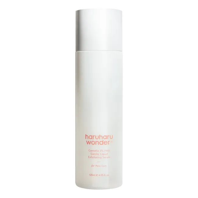 A bottle of centella 3% PHA gentle liquid exfoliating serum for pore care on a white background.