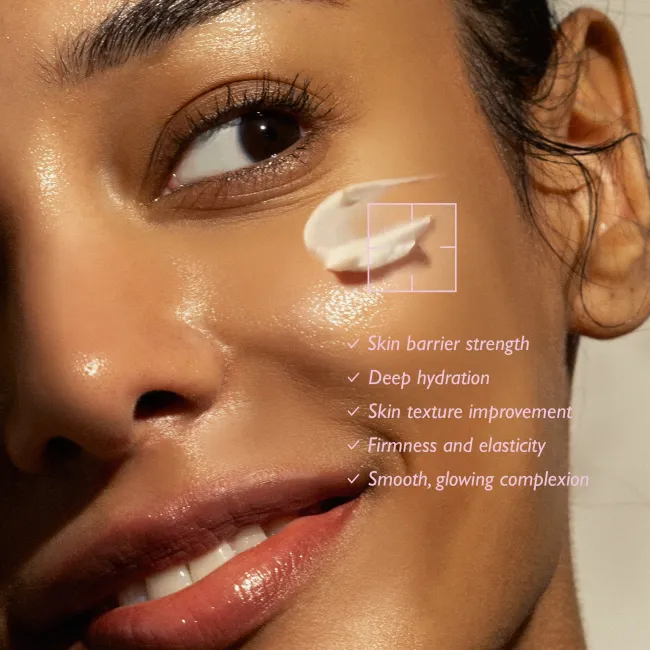 A woman with  haruharu wonder Black Rice 5 Ceramide Barrier Moisturizing Cream applied on her face and benefits such as skin barrier strength, deep hydration, texture improvement, firmness and elasticity and glowing complexion highlighted.