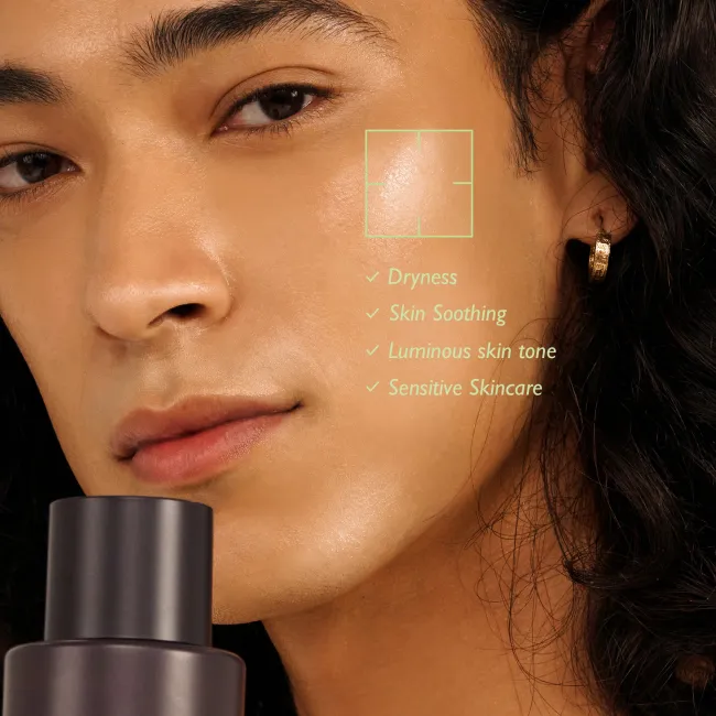 Close-up of a person's  Soft, bright and hydrated face with skincare benefits highlighted, next to a haruharu wonder Black Rice  Hyaluronic Toner Free of Alcohol & Fragrance product.