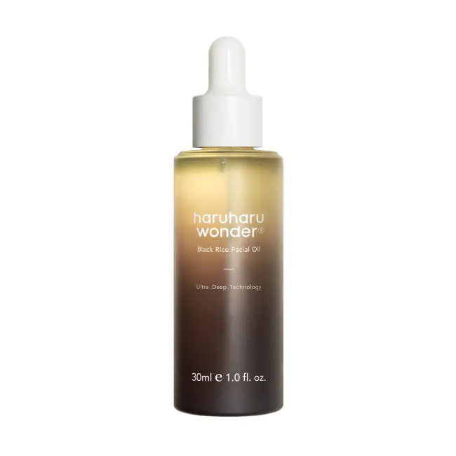 haruharu wonder black rice facial oil bottle with dropper on a white background