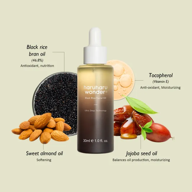 haruharu wonder Black Rice Facial Oil with ingredients such as jojoba seed oil, vitamin E and almond oil on a light green background