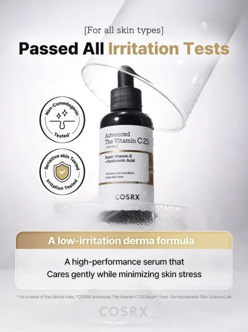 COSRX Advanced The Vitamin C 23 Serum bottle shown under frosted glass highlighting its non-comedogenic and sensitive skin irritation-tested formula; gentle derma-grade serum providing brightening and pore-refining results without redness or discomfo