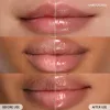 before & after Lip Glowy Balm Mango (Yellow tint) on model