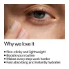 Close-up of a person's eye with text highlighting product benefits