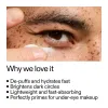 Close-up of eye with under-eye cream application and text about product benefits.