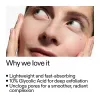 Close-up of a person's face with text about Glycolic Acid Toner product benefits.