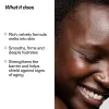 Product description text with a close-up of a smiling person's face on the right.