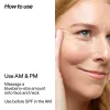 Instructional graphic with the heading 'How to use' and text reading 'Use AM & PM' and 'Massage a blueberry-size amount onto face and neck' beside a close-up of a woman touching her cheek, likely demonstrating skincare application.