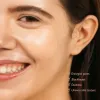 A close up of a woman face after using centella 3% PHA gentle liquid exfoliating serum for pore care with benefits such as enlarged pores, blackheads, dullness and uneven skin texture highlighted.